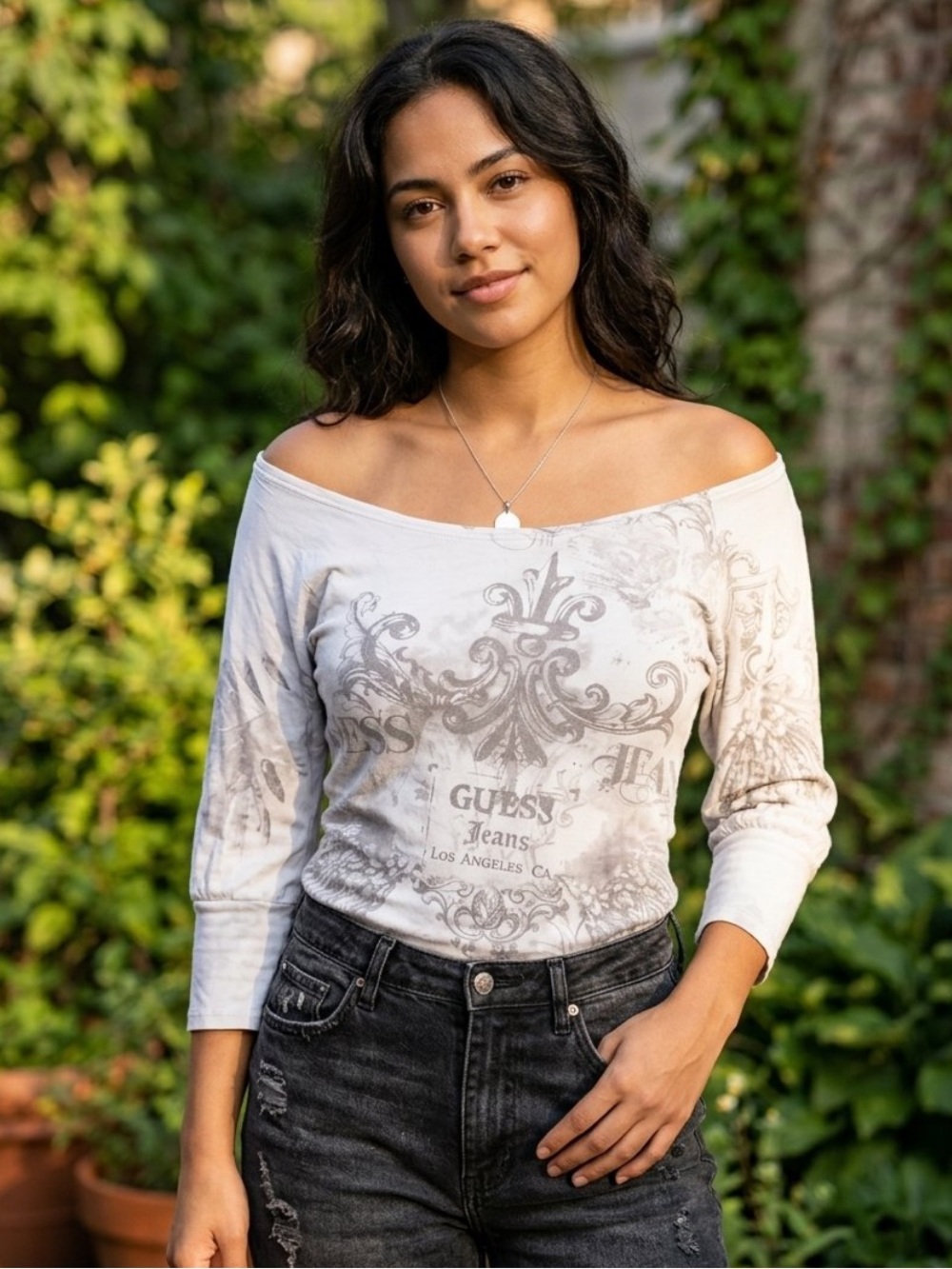 Guess White Off-the-Shoulder Graphic Knit Sweater